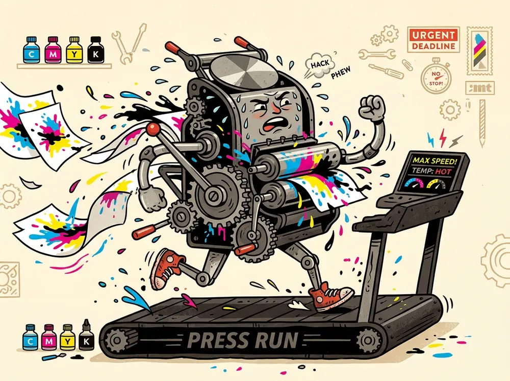 An offset printing press running at max speed